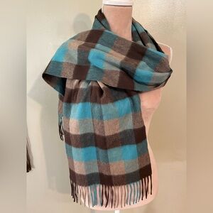 Caroline Grace Plaid Scarf in Blue and Brown 100 % Cashmere 60x12